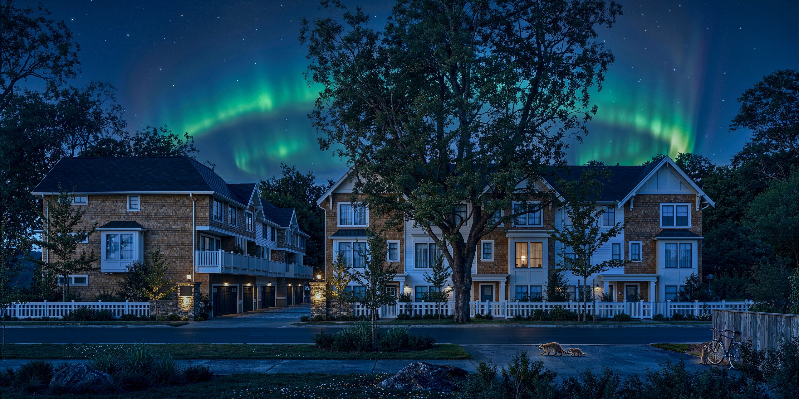 The townhomes at 3 a.m. under a green aurora, one window still lit and a raccoon crossing under the streetlight