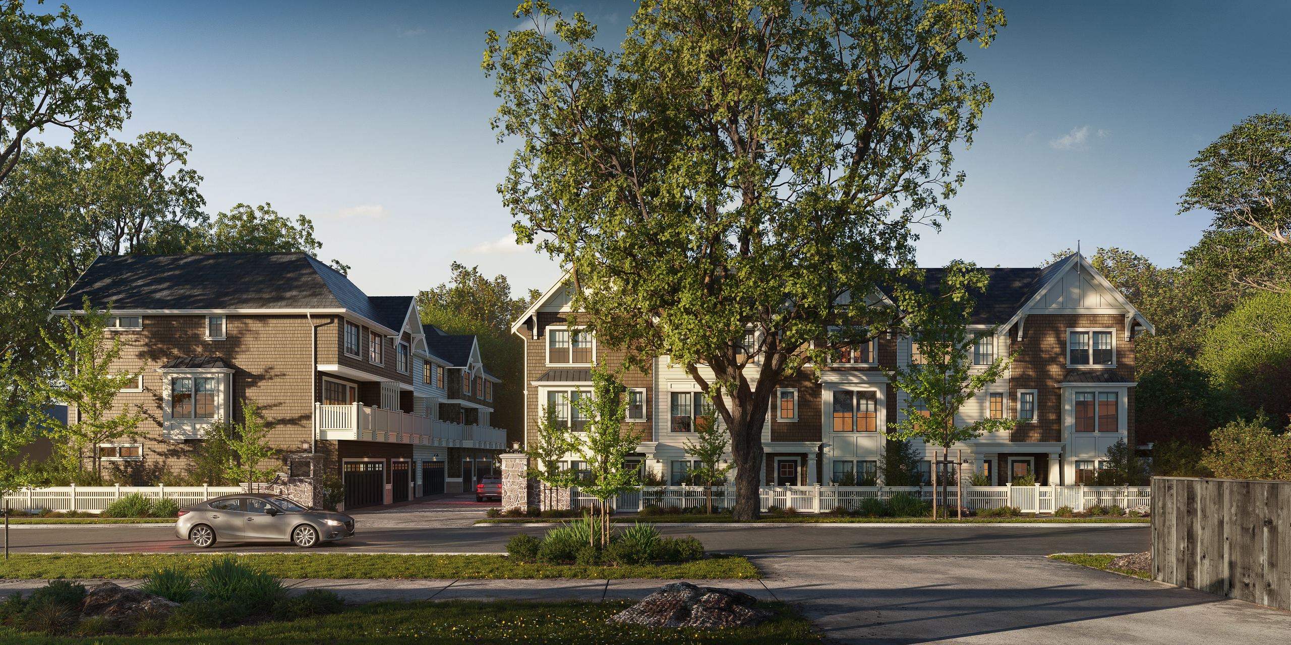 The same townhomes at dawn, fully rendered with materials, landscaping and morning light