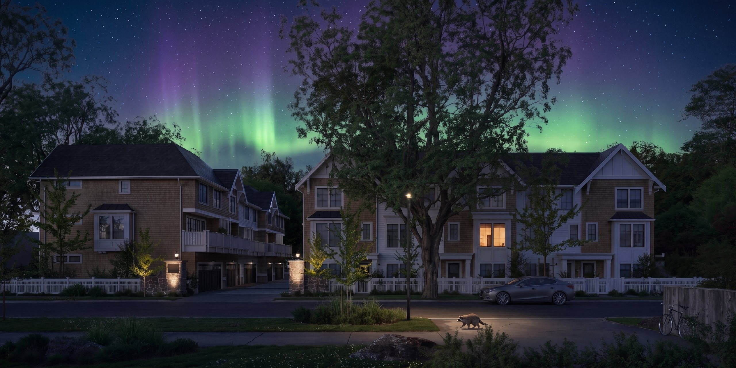 The townhomes at 3 a.m. under a green aurora, one window still lit and a raccoon crossing under the streetlight
